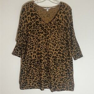 Time and Tru Sweater Womens Medium Tan Leopard Animal Print V Neck Tunic Top M